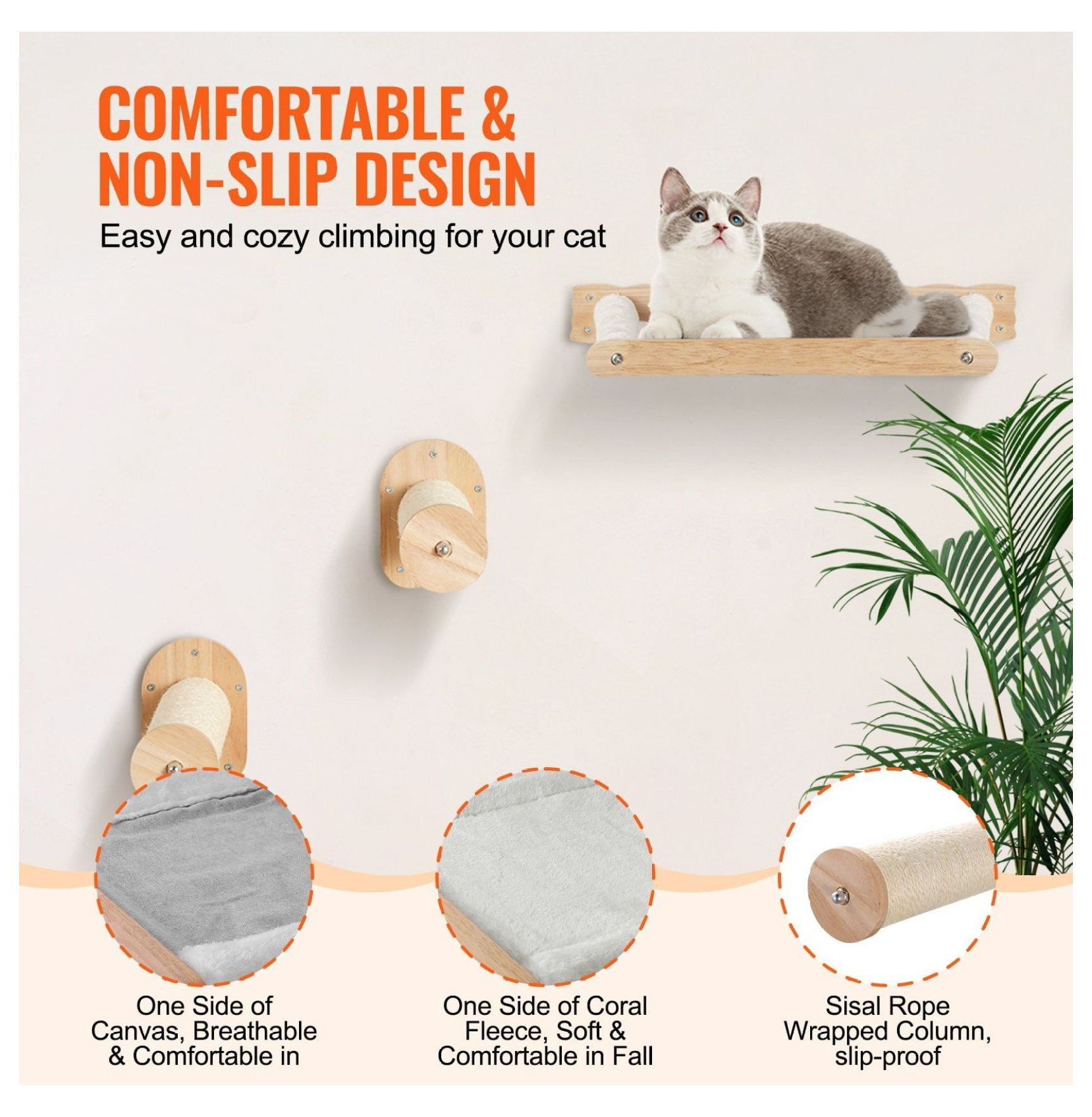 Wall Mounted Cat Shelves, Cat Wall Furniture with 2 Hammocks & Posts