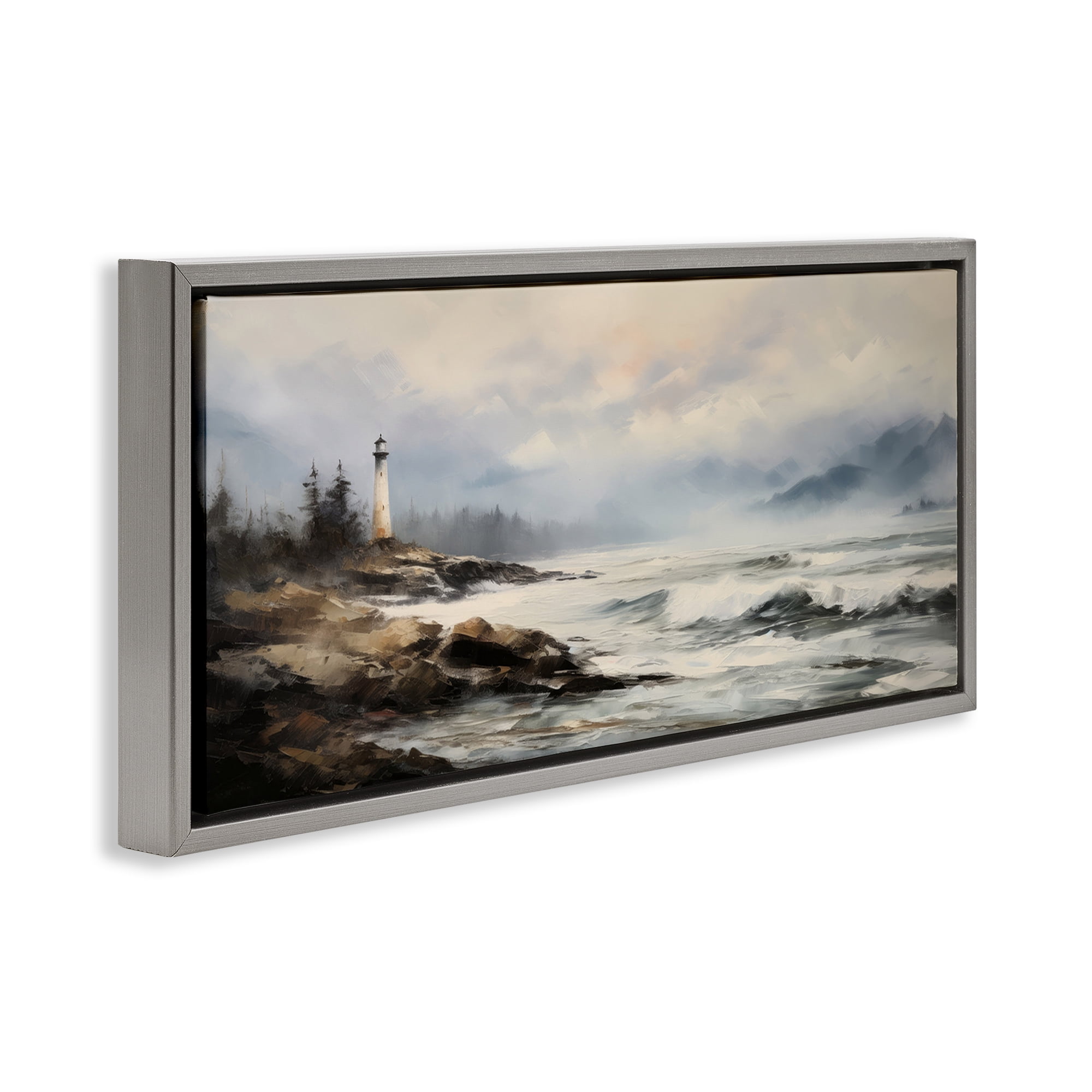 Stupell Industries Coastal Lighthouse Waves Coastal Painting Gray Floater Framed Art Print Wall Art, 25 x 11