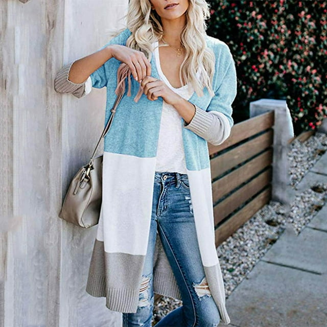Cardigans Longs pour Femmes Dames Cardigan à Panneaux à Rayures Contrastantes avec Poches Veste Longue en Liquidation
