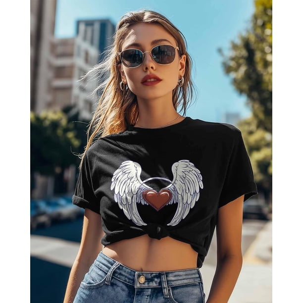 T Shirts for Women,Angel Wing Heart T Shirt Short Sleeve Loose Fit Tee Tops Crewneck Womens Casual T-Shirts for Teen Girls