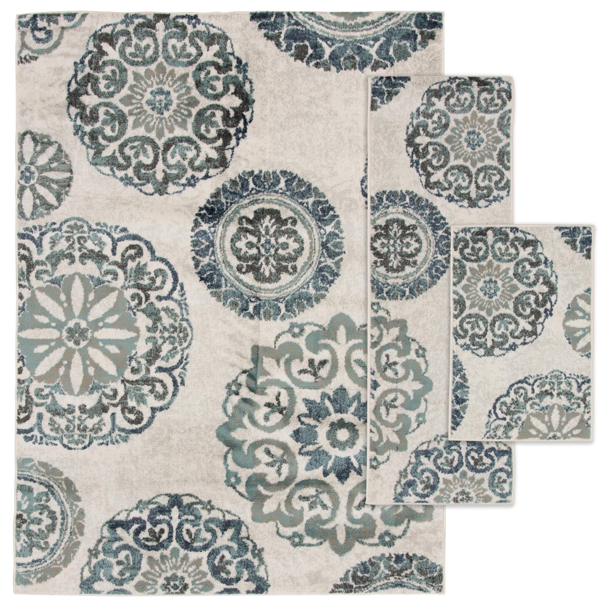 Mainstays Teal Medallion 3 Piece Area Rug Set