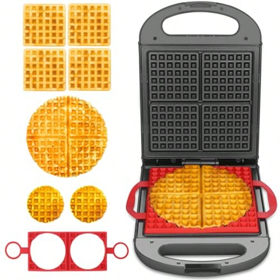 Multi Shapes Waffle Iron Combo Mini American Classic Belgian and Chaffle Maker 2 Silicone Molds Graphite