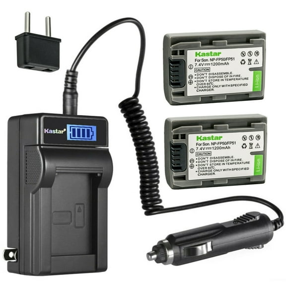 Kastar 2-Pack NP-FP50 / FP51 Battery and LCD AC Charger Compatible with Sony DCR-DVD103, DCR-DVD105, DCR-DVD202, DCR-DVD203, DCR-DVD205, DCR-DVD304, DCR-DVD305, DCR-DVD403, DCR-DVD404, DCR-DVD405