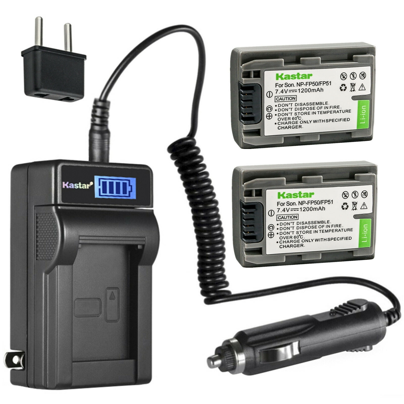 Kastar 2-Pack NP-FP50 / FP51 Battery and LCD AC Charger Compatible with Sony DCR-SR30, DCR-SR40, DCR-SR50, DCR-SR60, DCR-SR70, DCR-SR80, DCR-SR90, DCR-SR100, HDR-HC3, HDR-HC3E Camcorders