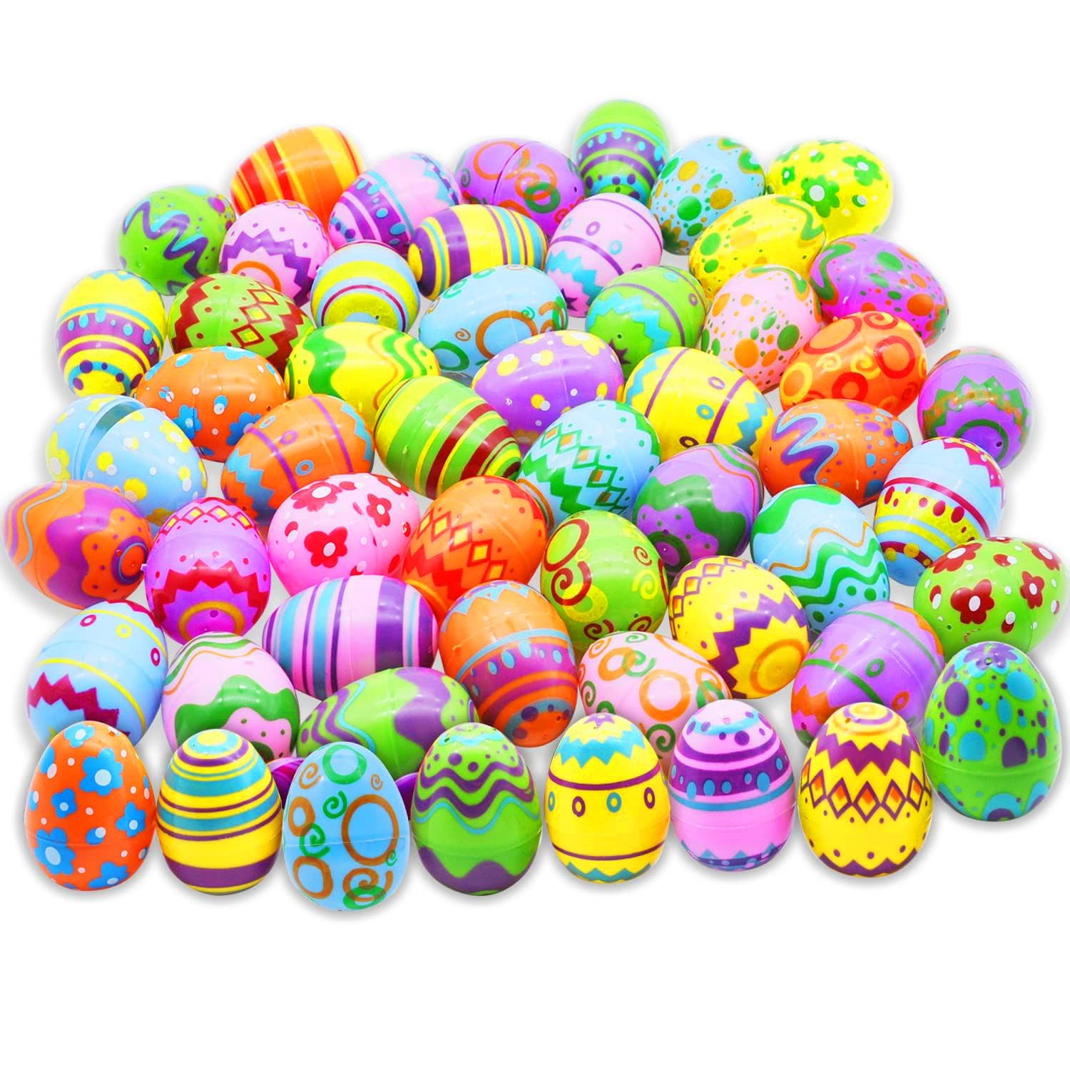 Joyfy 48 Pcs Bright Easter Eggs, 2.3" Tall Emply Plastic Printed Easter Eggs for Easter Egg Hunt, Basket Stuffers Fillers, Classroom Prize Supplies, Filling Treats and Party Favor