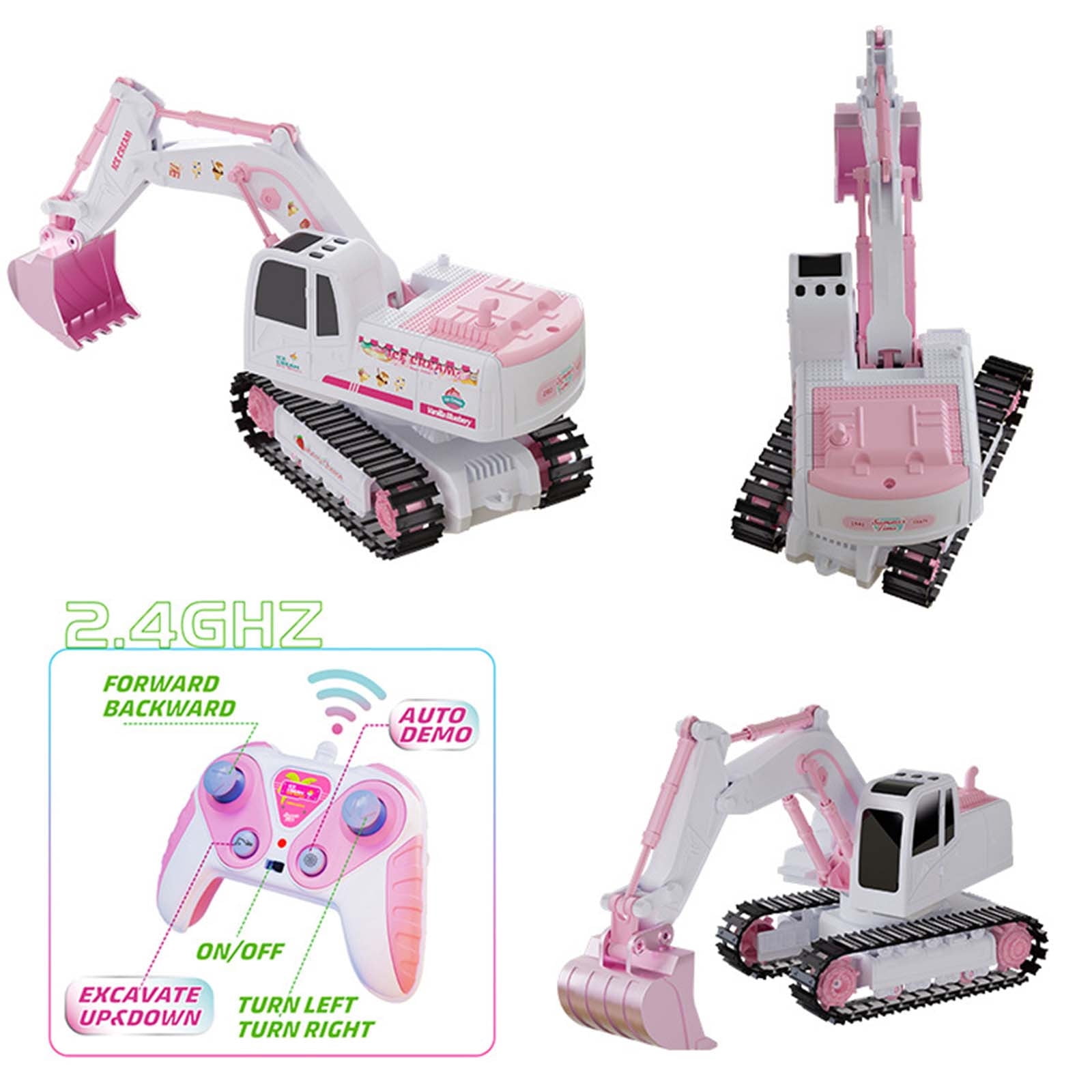 Momihoom RC Car, Alloy Excavator Crawler Rc Cars Pink 6 Channel with Lights Two Batteries Long Range Construction Toys,auto Demo Alloy Digging Bucket Controlled Rc Car