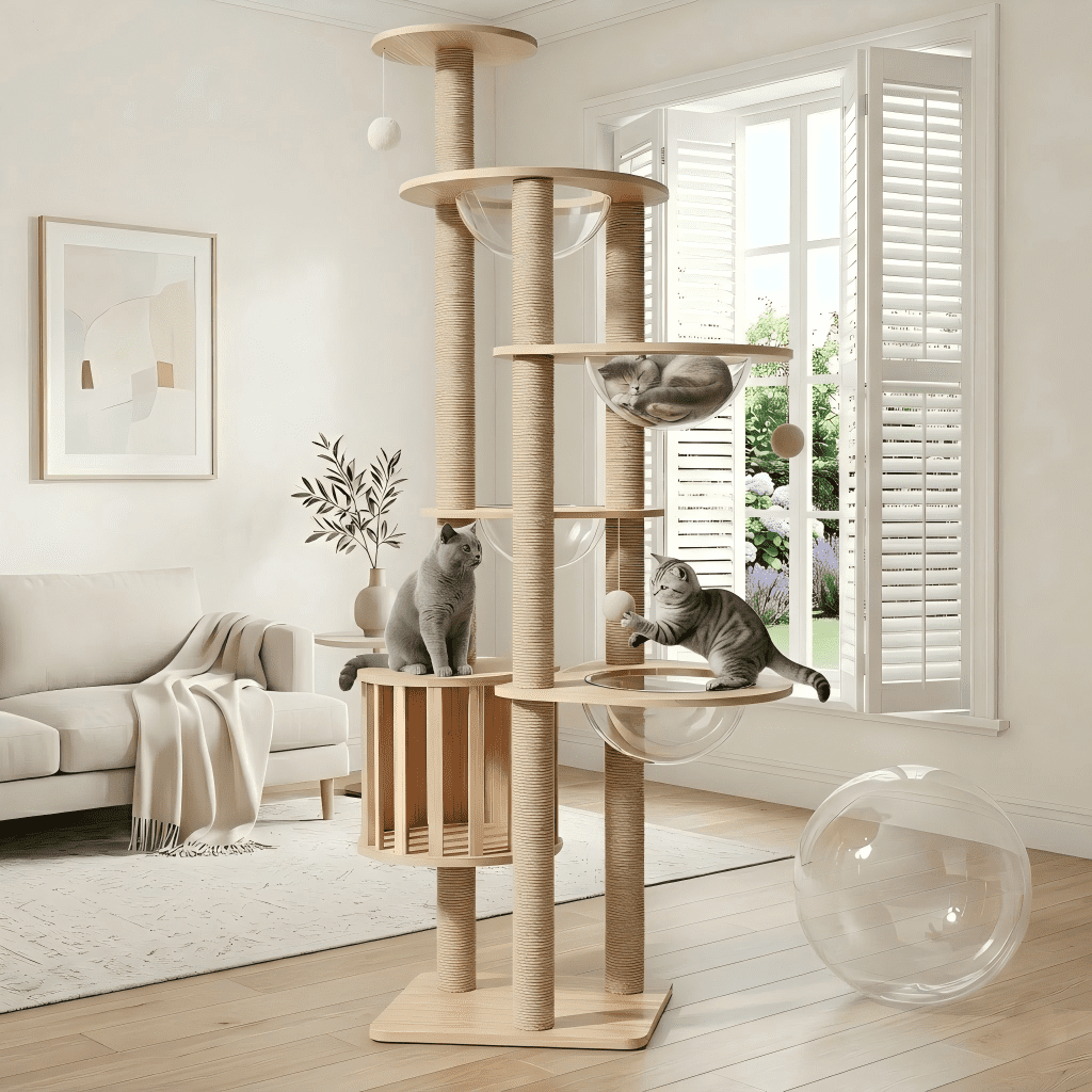 Mekidulu 72in Wood Cat Tree Tower with 4 Feeding Bowls and 12 Sisal Posts, Indoor Condo, Natural