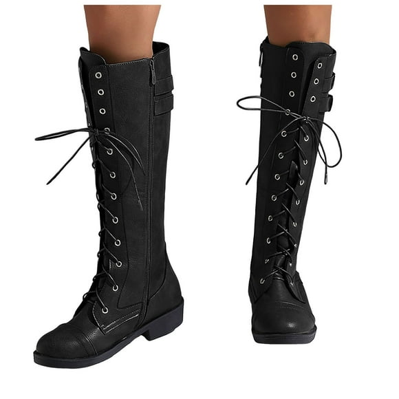 Rokment Vintage Knee High Combat Boots for Women Fall Winter Punk Mid Century Leather Lace up Buckles Mid Calf Riding Tall Boots with Side Zipper