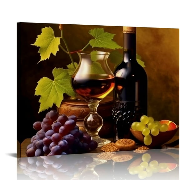 Chilfamy Canvas Wall Art Grapes Wine Still Life Ready To Hang Room Home Decor for Bathroom 16x12in