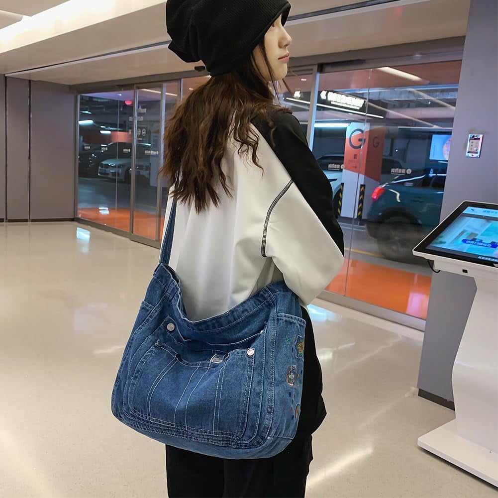 Denim Hobo Crossbody Bag for Women Large Shoulder Handbag Messenger Bag Retro Tote Bag for Casual Work Travel