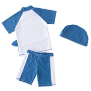 Kids Boys Chic Cartoon Animals Printed Rash Guard with Hat 3pcs Swimsuit Pool Party Swimwear Beach Bathing Suit (Blue Shark, 3)