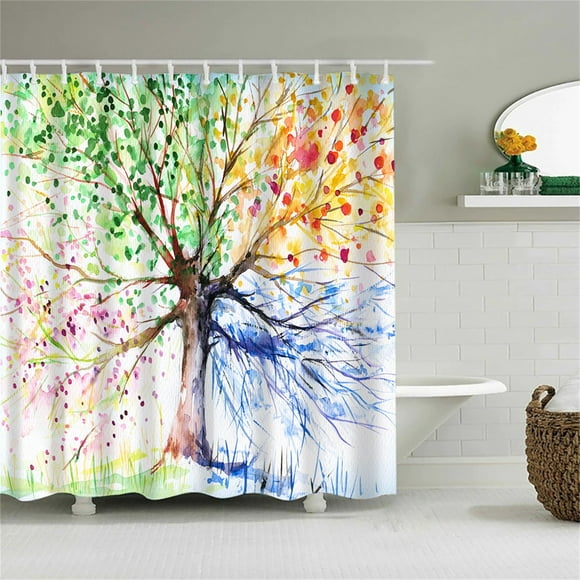 RXIRUCGD Tree Shower Curtain Watercolor Style Branches Colorful Blooming Nature for 4 Seasons Theme Washable Cloth Polyester Fabric Home Dorm & Bathroom Decor 59" W x 71" L