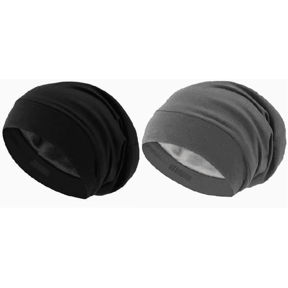 2PCS Silk Lined Sleep Bonnet Adjustable Slouchy Beanie Caps for Sleeping Women, Black Grey Curly Hair Wrap Night Hat Set