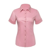 Button Down Shirts for Women, Fitted Short Sleeve Tailored Stretchy Material (1XL Plus Size, Pink)