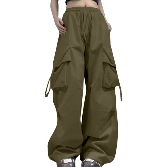 Bibifish Women's Cargo Pants Gray Wide Leg Elastic Waist Pants Drawstring Loose Fit Street Style Wear Pants With Multi Pocket