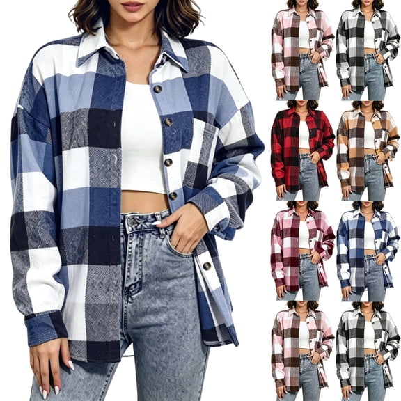 Akmaiox Plaid Flannel Shirts for Women,Dressy Casual Long Sleeve Lapel Button Down Shirts,Fitted Women's Plus Size Business Work Blouses,Blue XXXL