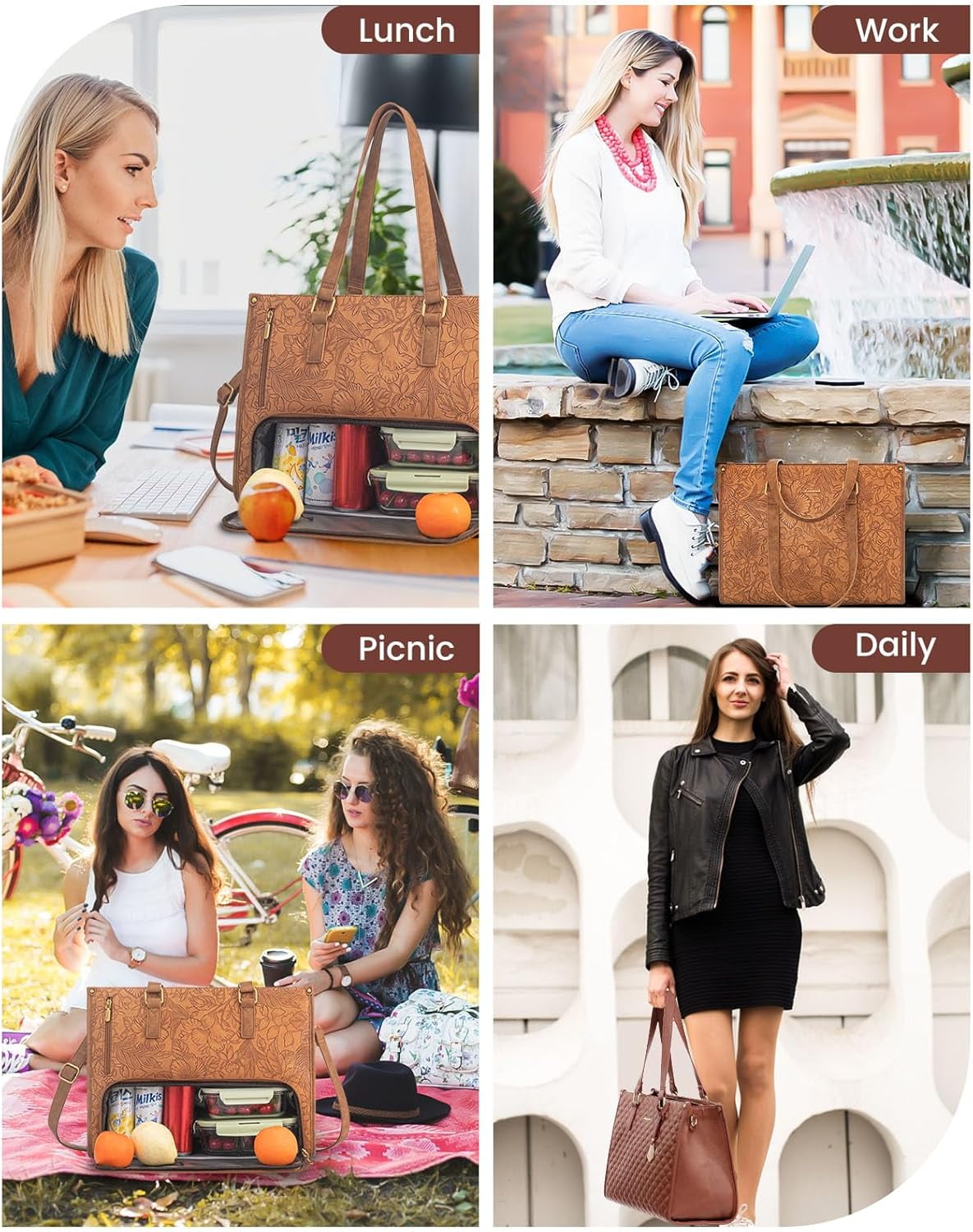 Lovevook Work Tote Bag for Women, Classic Quilted Pu Leather Handbag Purses with 15.6 in Laptop comparment and Insulated Lunch Compartment better for work lunch nurse college picnic drinks casul