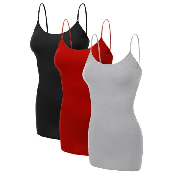 Emmalise Women's Basic Casual Long Camisole Adjustable Strap Cami Layering Top, 2XL, 3Pk Black, Hgray, Red