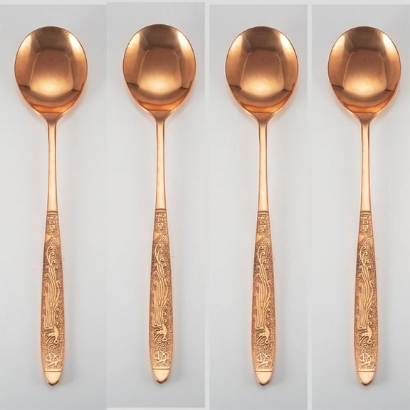99.9% Pure Copper Spoon Phoenix Design, Set of 4，Soup Spoon, Copper Dinner Spoon, Copper Tableware (Length：8.26'', width：1.5'')
