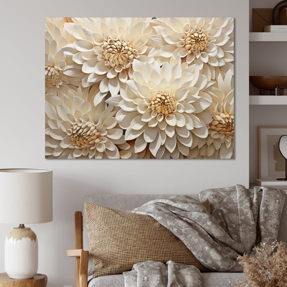 Designart "Minimalist Beige And White Mums Painting" Mums Canvas Wall Art