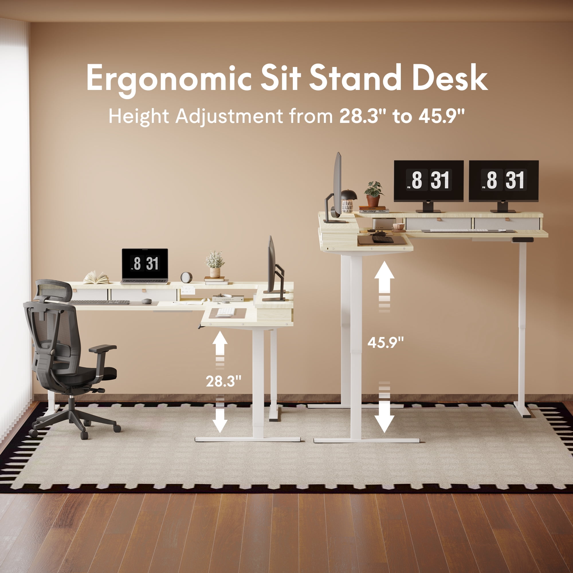 FitStand 63'' L Shaped Electric Standing Desk, Height Adjustable Electric Corner Standing Desk with Shelf and Drawers, Wood Grain