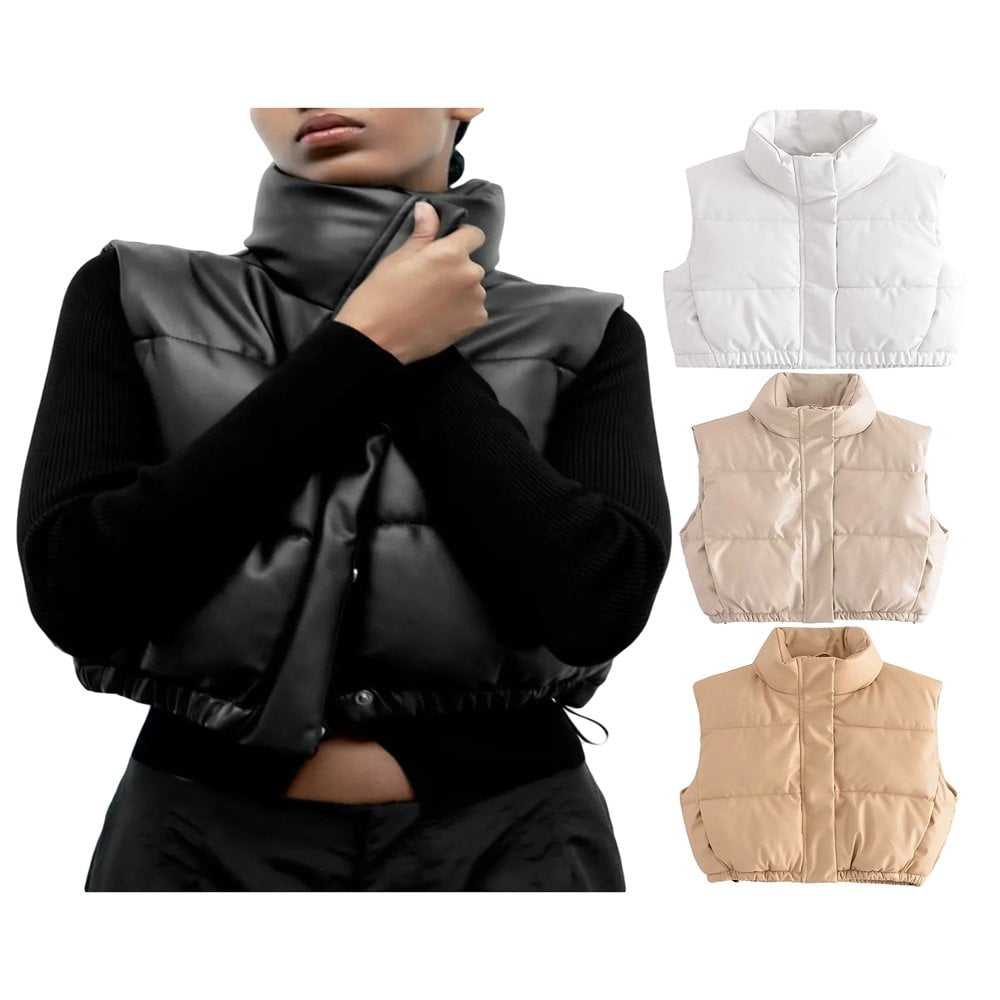 Veste en Cuir PU pour Femmes Col Montant Gilet Matelasse Sans Manches Manteau Rembourre Walmart