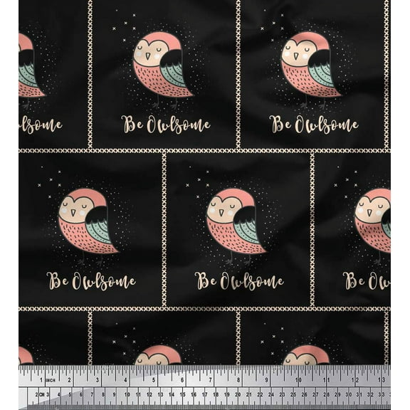 Soimoi Black Cotton Duck Fabric Text & Owl Bird Print Fabric by the Yard 42 Inch Wide