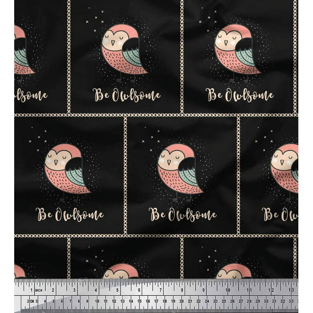 Soimoi Black Poly Georgette Fabric Text & Owl Bird Print Sewing Fabric Yard 42 Inch Wide