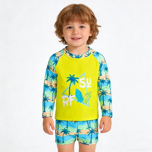 ZHOGXU Toddler Kids Boys Two Piece Swimwear Long Sleeve Cartoon Print Top And Shorts Comfortable Fashion Beachwear For Pool Beach,Multicolour,9-12 Months