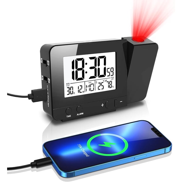 Reloj despertador de proyección digital - Reloj proyector Reloj despertador con proyector giratorio para dormitorios, puerto de carga USB, reloj despertador doble con atenuador