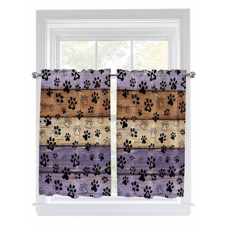 Purple Brown Kitchen Curtains 45 Inch Length Rustic Farmhouse Dog Paw Vintage Rod Pocket Light Filtering Window Curtains Living Room Bedroom Curtain Drapes Cafe Curtain Window Treatment 52 x45 x2