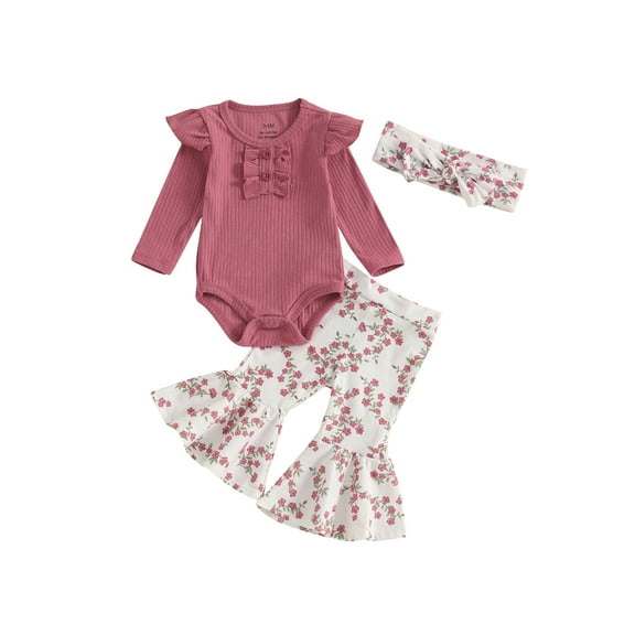 Baby Toddler Girls 3PCS Pants Clothing Sets 0 3 6 12 18 24 Months Long Sleeve O Neck Ribbed Romper Floral Flared Pants Headband Outfits