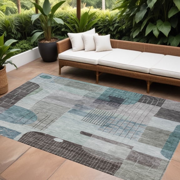 HomeRoots 604388 9 x 12 ft. Teal Blue, Gray & Charcoal Abstract Washable Indoor & Outdoor Rectangle Area Rug