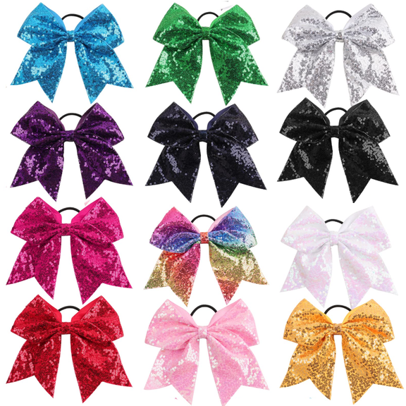 12Pcs 7" Large Glitter Cheer Hair Bows Ponytail Holder Elastic Band Handmade for Cheerleading Teen Girls College Sports