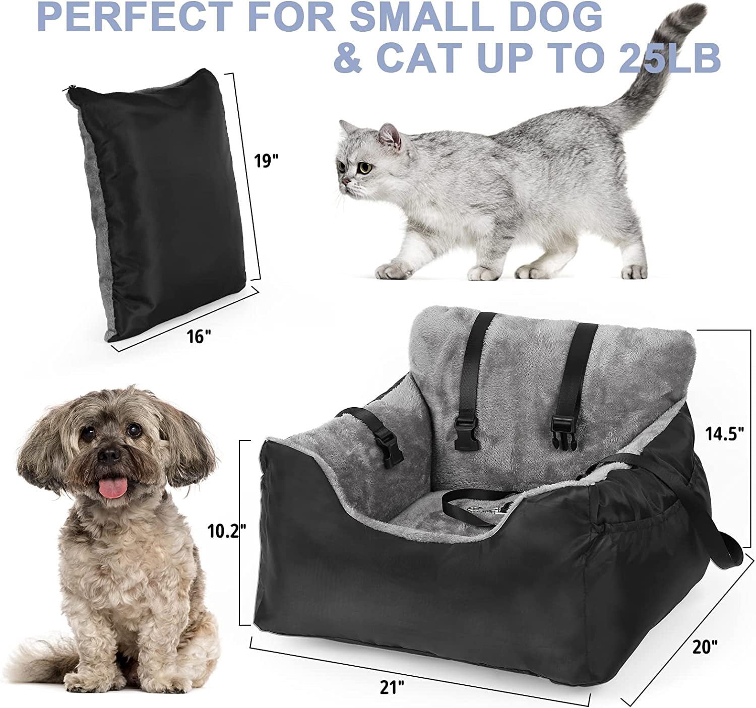 Medium Dog Car Seat, Dog Beds for Car, Pet Booster Seat, Fully Detachable and Washable, with Clip-on Safety Leash, Adjustable Straps for Small Pets up to 45lbs, Travel Carrier Bed