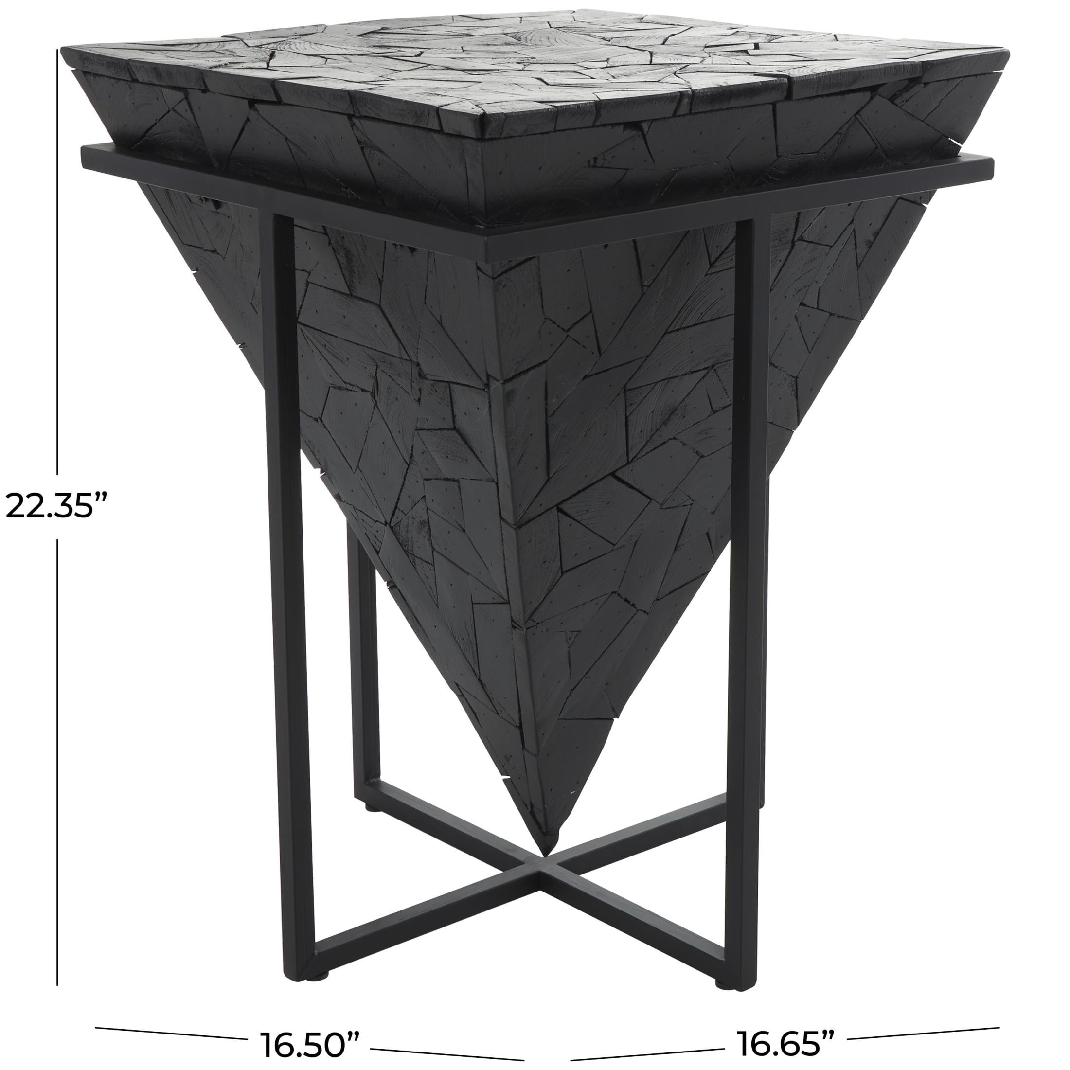 DecMode 17" x 22" Black Teak Wood Handmade Inverted Pyramid Geometric Accent Table with Black Metal Base, 1-Piece