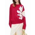 thumbnail image 3 of Women Oversized Flower Sweaters Crew Neck Cute Knit Fall 2025 Trendy Long Sleeve Floral Pullover Jumper Tops Red S, 3 of 6