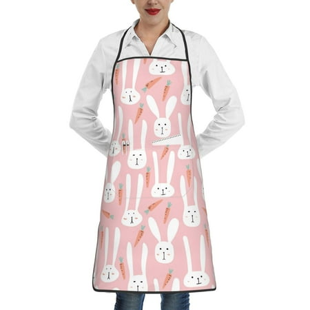 

Qekee Cute Rabbit Carrot Print Adjustable Bib Apron Resistant with Pocket Cooking Kitchen Aprons for Women Men Server Chef Apron