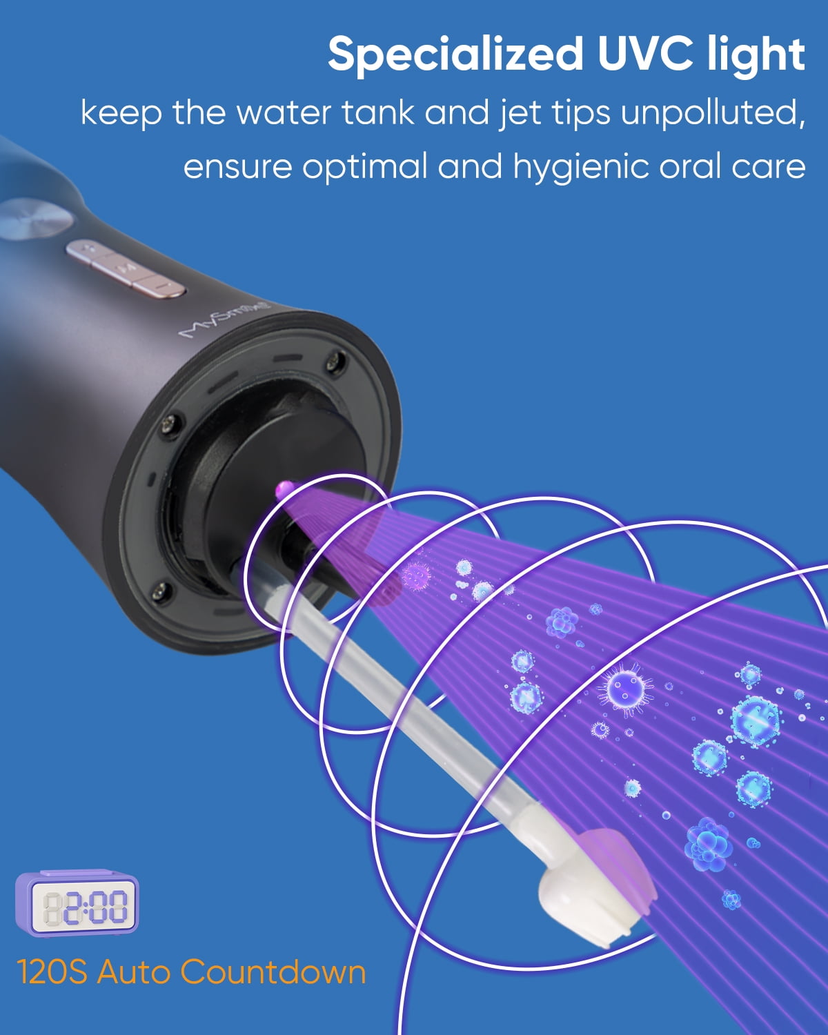 MySmile LP221 OLED Cordless Water Flosser with UVC Sterilizer Light, Portable Oral Irrigator Electric Dental Flosser Picks for Teeth Cleaning, Braces, Gums, 5 Modes, 8 Jet Tips, Travel Bag, Black