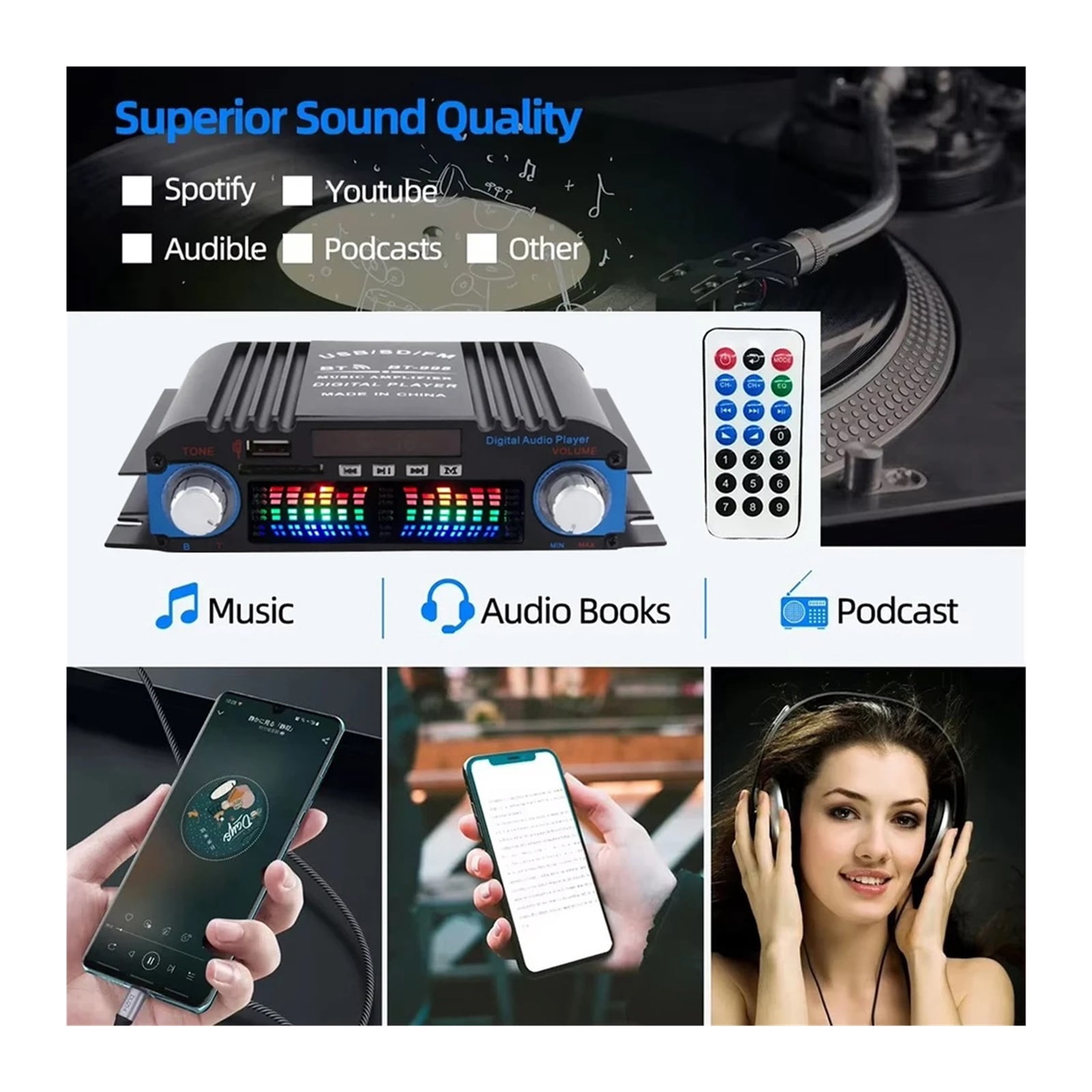 1600W Power HiFi Sound Amplifier 400Wx4 Digital 4 Channel Amplifier USB Bluetooth FM Radio Player &Wireless Remote