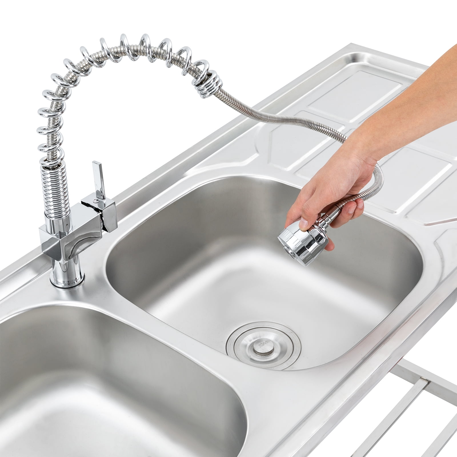 TFCFL Double Bowls Utility Sink Commercial Stainless Steel Kitchen Sink Prep Table with Pull-out Faucet & Bottom Shelf