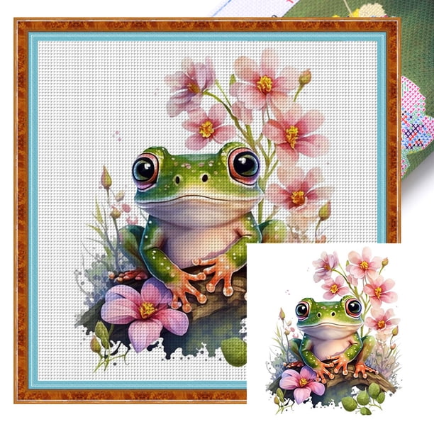 Kit Punto Cruz Con Flores Y Ranas Hilo Algodón Ecológico 18CT Bordado