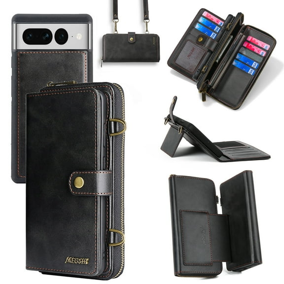 ELEHOLD Flip Leather Wallet Case for Google Pixel 7 Pro with Large Capacity 13 Card Slots Zipper Pocket Kickstand Magnetic Detachable Case Crossbody Shoulder Strap Shockproof Protective ,Black