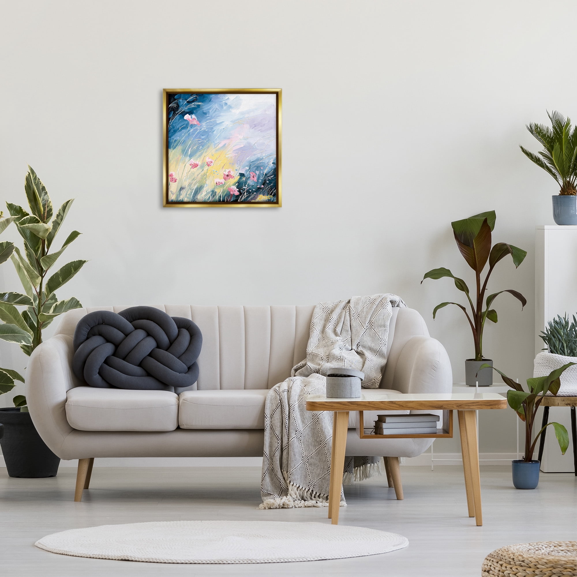 Stupell Industries Flowers with Abstract Ombre Botanical & Floral Painting Gold Floater Framed Canvas Art Print Wall Art, 25 x 25