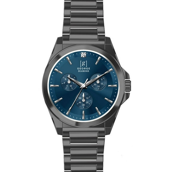 George Men's 41mm Gunmetal Tone Blue Dial Genuine Diamond Bracelet Watch