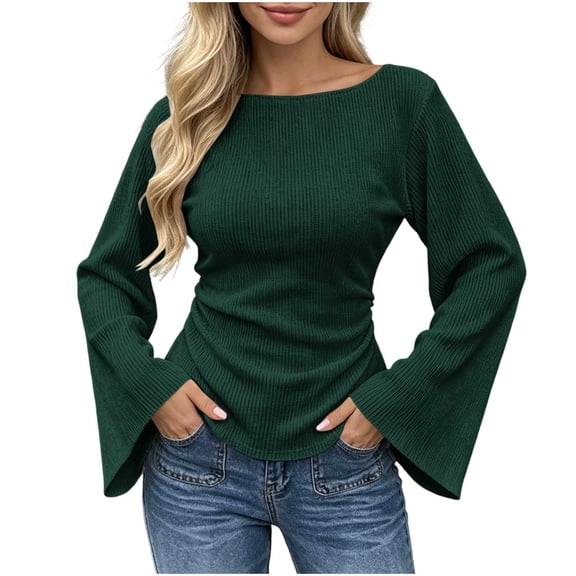 Zpanxa Womens Casual Boat Neck Flare Long Sleeve Blouse Fitted Solid Top Side Pleat Pullover for Daily Outfits