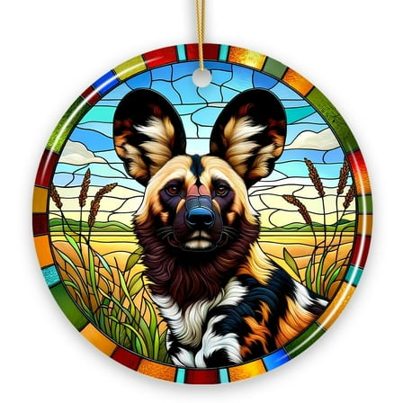 Savannah's Wild Dog Stained Glass Style Ceramic Ornament, Safari Animals Christmas Gift and Decor