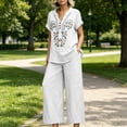 thumbnail image 3 of Women’s Loose Fit Linen Two Piece Set Embroidered Short Sleeve Top and Wide Leg Pants Casual Outfit for Daily Wear, 3 of 5