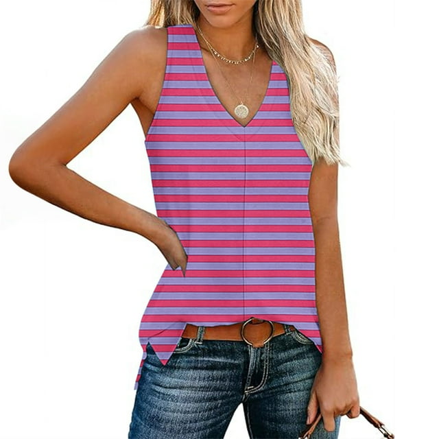 mfyjkho Camisetas Sin Mangas Para Mujer, Blusa Informal Holgada Con Escote En V Y Abertura Lateral Para Mujer Tops Bohemios Para Mujer L