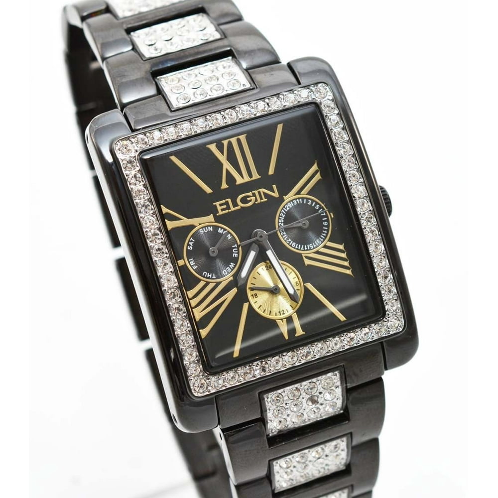 Elgin New Elgin Men`s Black IP Crystal Band & Dial Multifunction